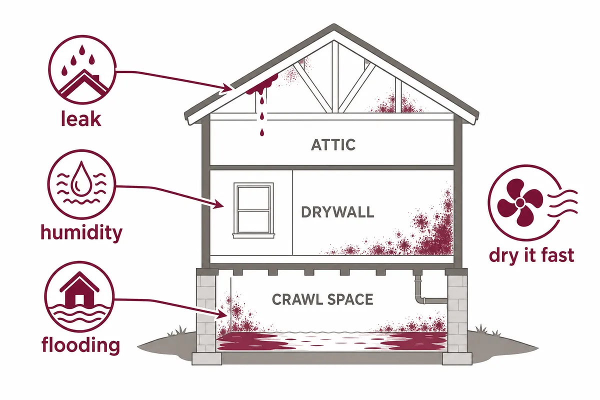 Diagram of a house showing mold from a roof leak in the attic, humidity on drywall and flooding in the crawl space